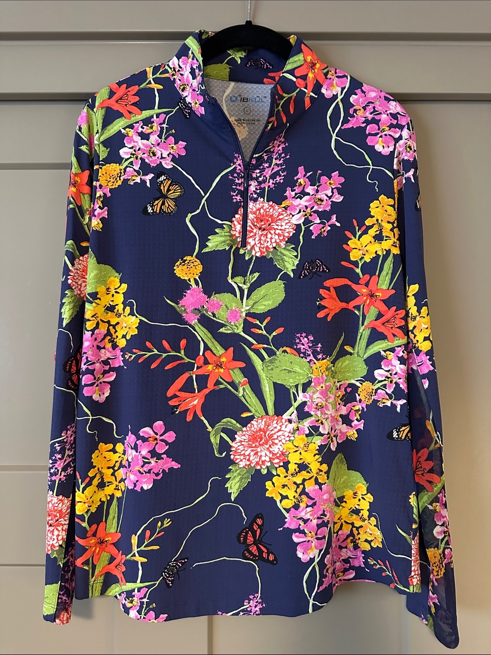 IBKUL UPF-50 Navy Long-Sleeve Floral Quarter-Zip Performance Top